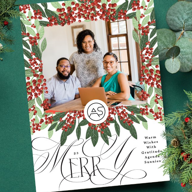 Botanical Merry Christmas Photo & Logo Business Holiday Card (Creator Uploaded)