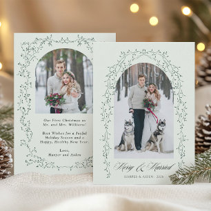Botanical Merry & Married Newlywed 2 Photo Mint Holiday Card