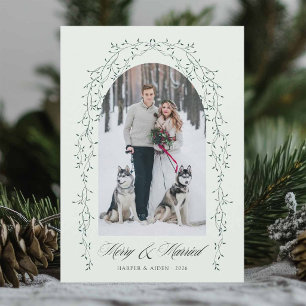 Botanical Merry & Married Newlywed Photo Mint Holiday Card