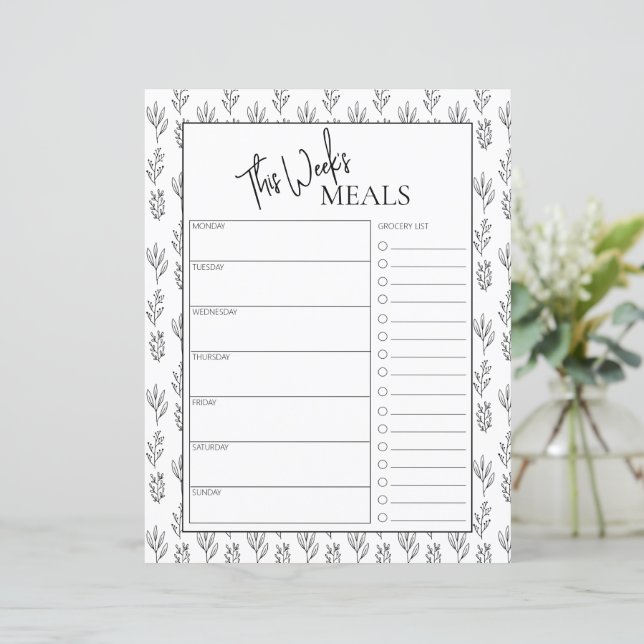 Botanical Minimal Script Text Weekly Meal Planner (Standing Front)
