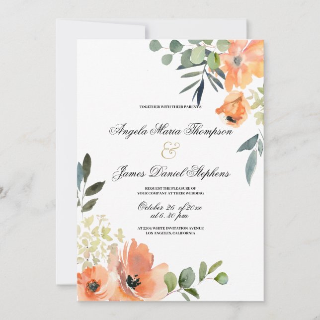 Botanical mint green coral pink floral wedding  invitation (Front)