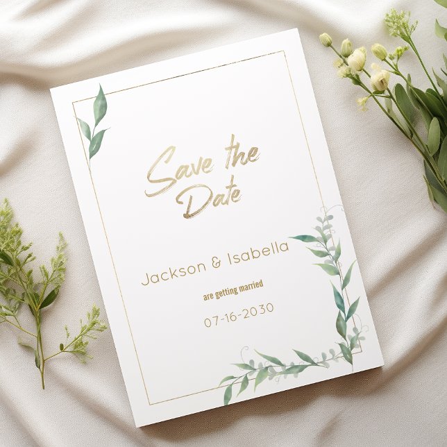 Botanical mint green gold greenery Save the Date Invitation (Botanical mint green gold greenery Save the Date )