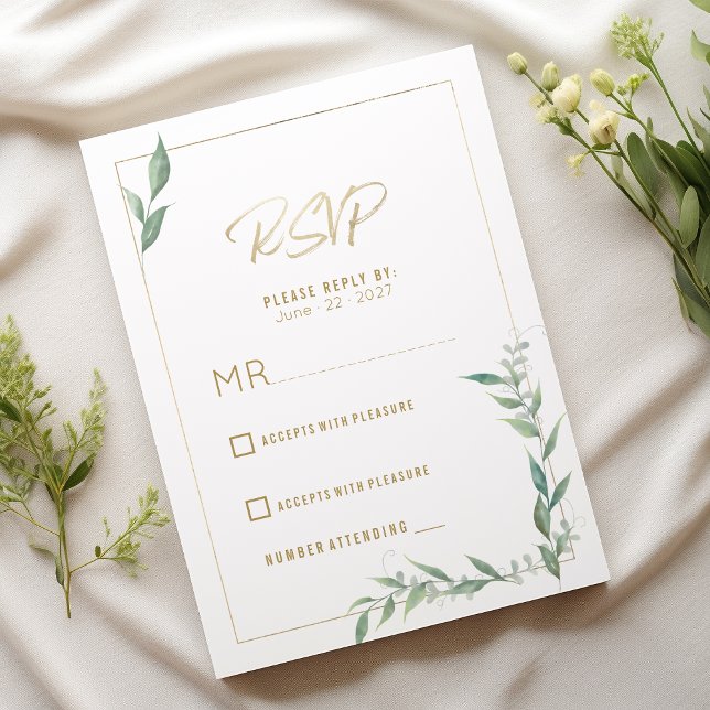 Botanical mint green gold greenery  Wedding RSVP  Invitation (Botanical mint green gold greenery Wedding RSVP)