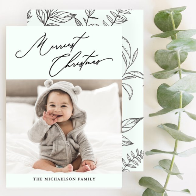 Botanical Mint Green Merriest Christmas Photo Holiday Card (Creator Uploaded)