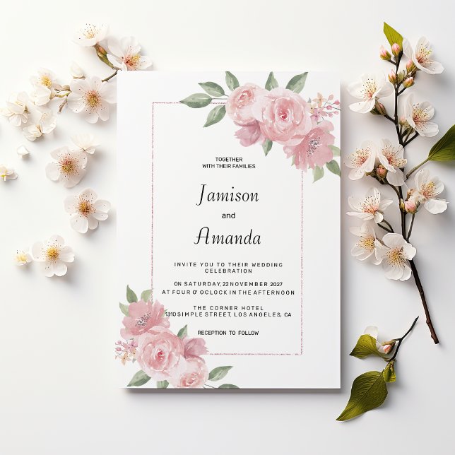 Botanical mint green pastel pink floral Wedding Invitation (Botanical mint green pastel pink floral Wedding )