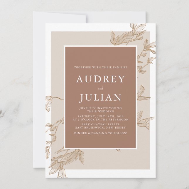 Botanical Mocha Leaf Wedding  Invitation (Front)