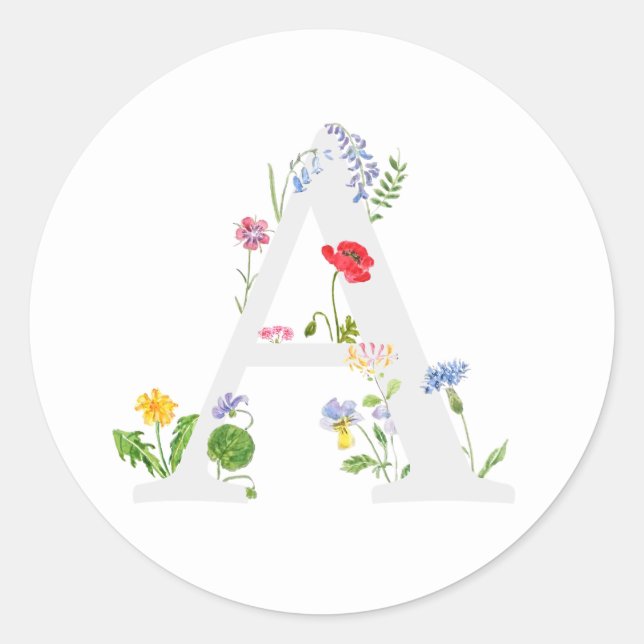 botanical monogram alphabet A wildflowers Classic Round Sticker (Front)