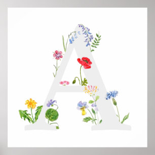 botanical monogram alphabet A wildflowers Poster