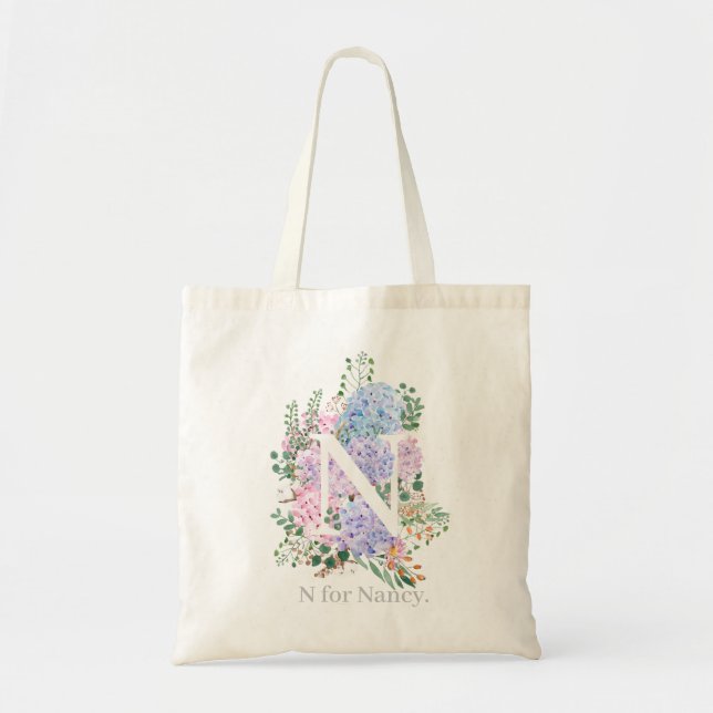 botanical monogram alphabet n hydrangea flowers  tote bag (Front)
