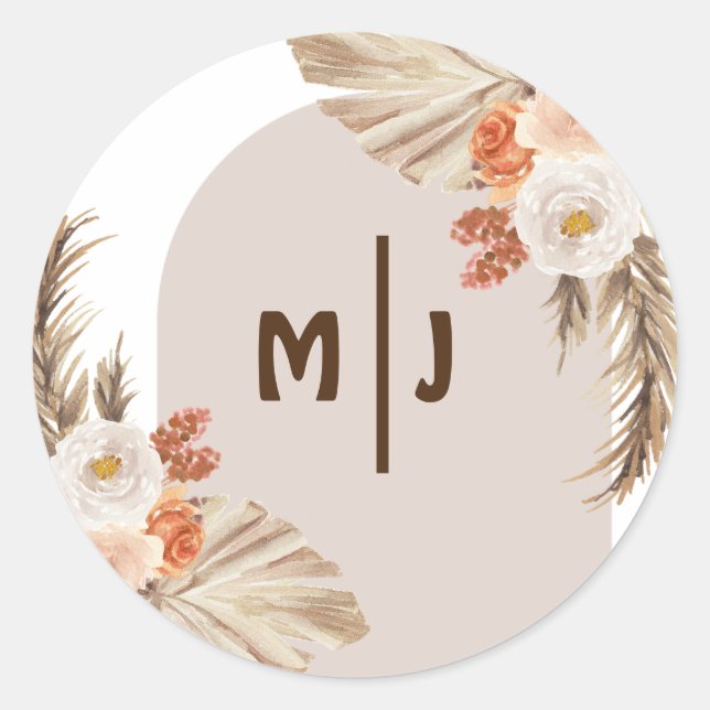 Botanical Monogram Boho Pampas Grass Wedding Classic Round Sticker (Front)