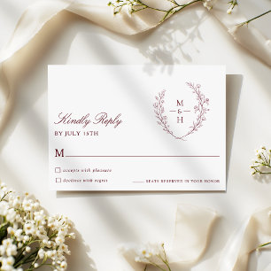 Botanical Monogram Burgundy Script Wedding RSVP Card