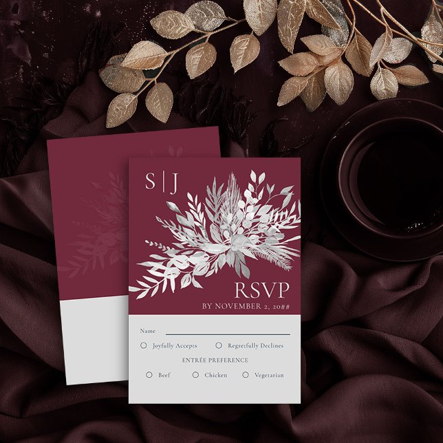 Botanical Monogram Burgundy Wedding Entree RSVP (RSVP Card with Entree Choice in Burgundy and Grey from the Foliage Duet Collection by Darling & May)