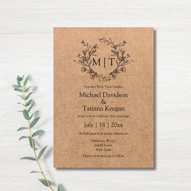 botanical monogram classic script kraft wedding  invitation (Creator Uploaded)