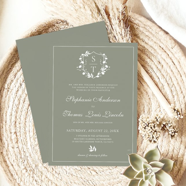 Botanical Monogram Crest Sage Green Wedding Invitation (Creator Uploaded)