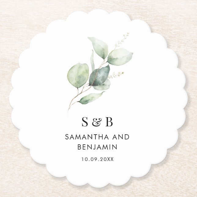 Botanical Monogram Eucalyptus Minimalist Wedding Paper Coaster (Front)