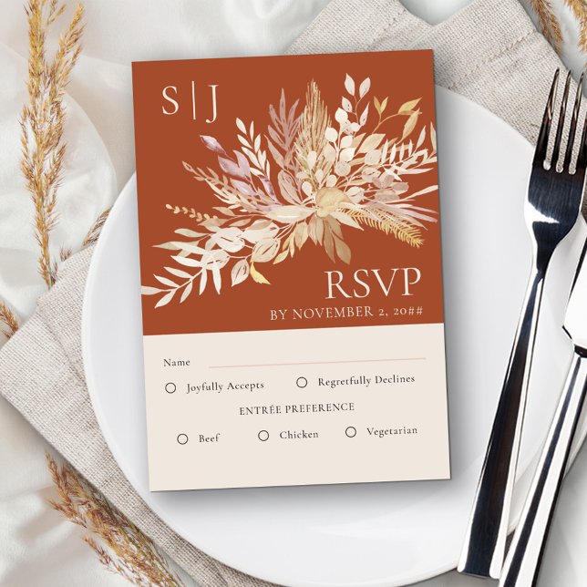 Botanical Monogram Terracotta Wedding Entree RSVP Card (Terracotta wedding RSVP with editable meal options, monogram and neutral cream foliage)