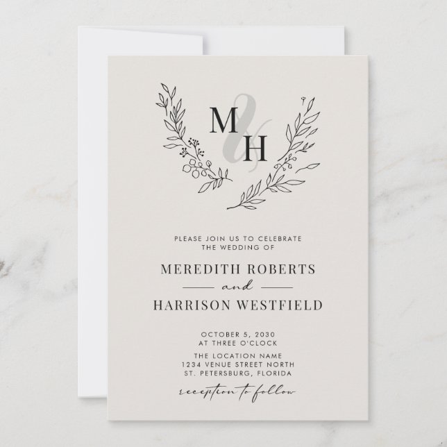 Botanical Monogram Wreath QR Code Eggshell Wedding Invitation (Front)