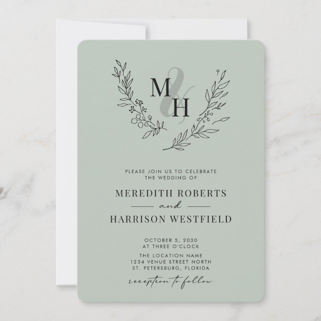 Botanical Monogram Wreath QR Code Sage Wedding Inv Invitation (Front)