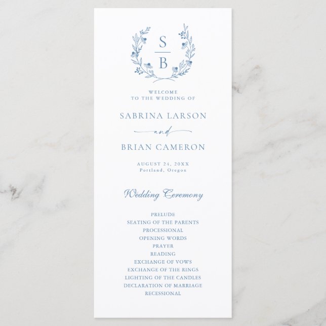 Botanical Monogram Wreath Royal Blue Program Card (Front)