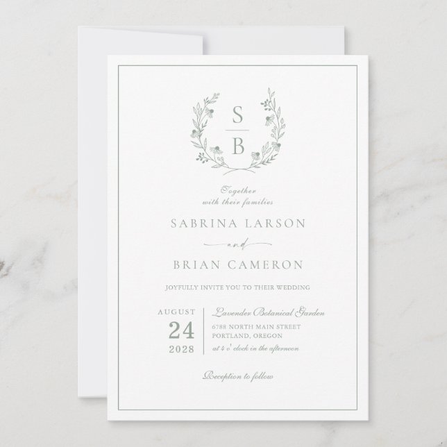 Botanical Monogram Wreath Sage Green Wedding  Invitation (Front)