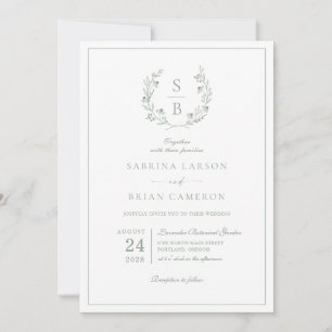 Botanical Monogram Wreath Sage Green Wedding  Invitation