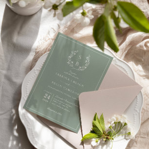 Botanical Monogram Wreath Sage Green Wedding  Invitation