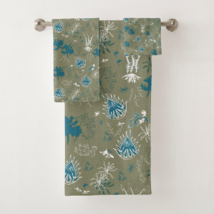 Botanical Moss Print in teal green and moss green Bath Towel Set