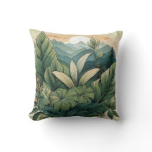 Botanical Mountain Scene Cushion with Leaf Detail