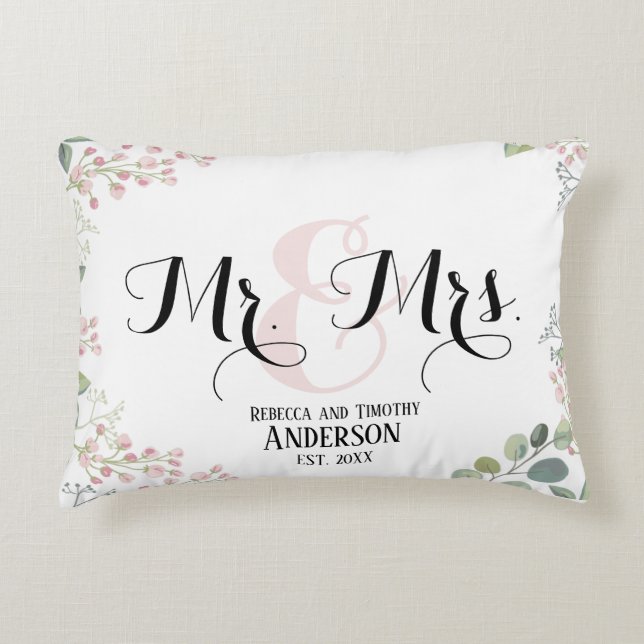 Botanical Mr Mrs Personalised Wedding Newly Wed Decorative Cushion (Front)
