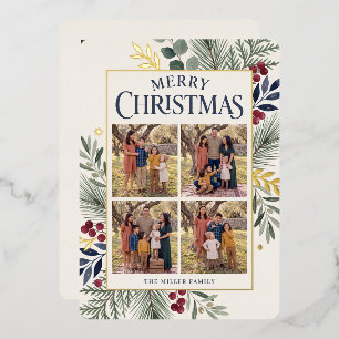 Botanical Multi-Photo Merry Christmas Foil Holiday Card