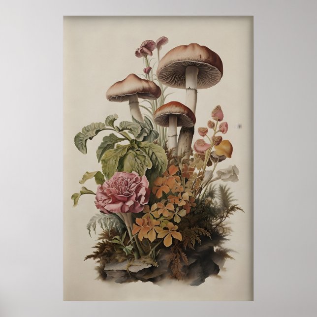 Botanical Mushroom Print, Boho Moss Fern Poster (Front)