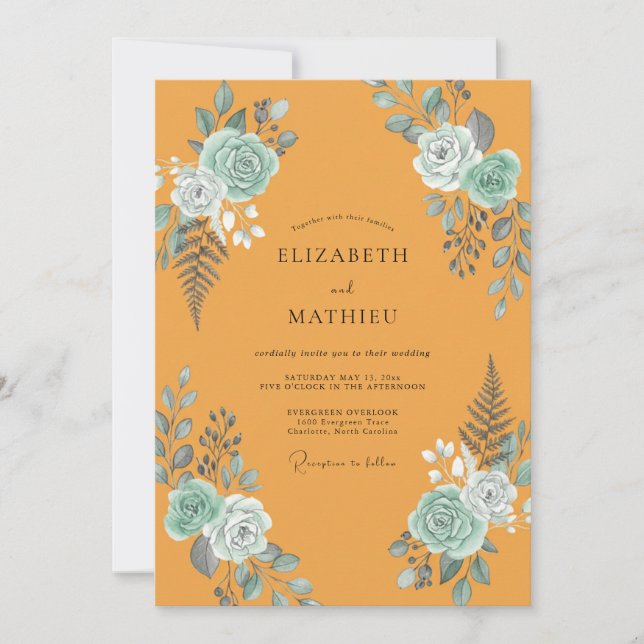Botanical Mustard Aqua Leafy Wedding Invitation (Front)