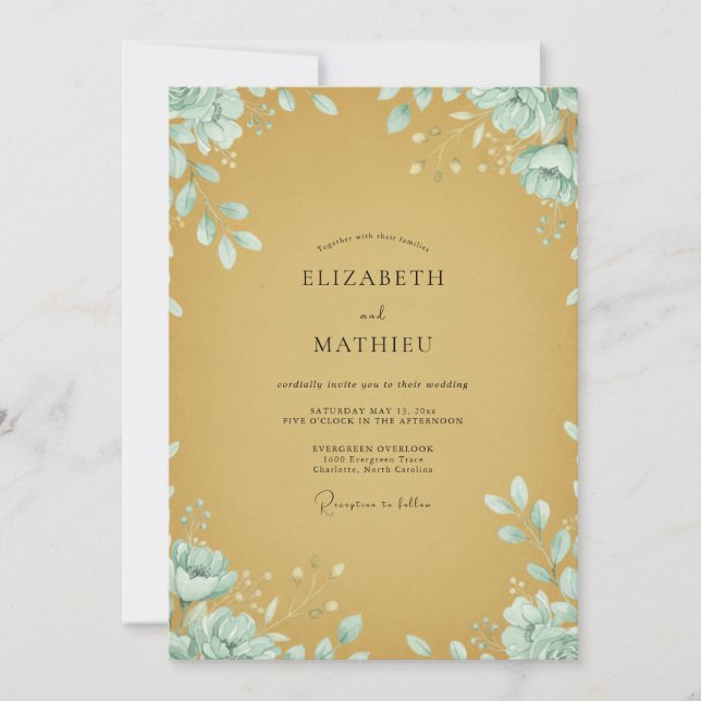 Botanical Mustard Mint Leafy Wedding Invitation (Front)
