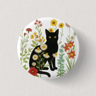 Botanical Nature – Black Cat in Wildflower Garden 3 Cm Round Badge