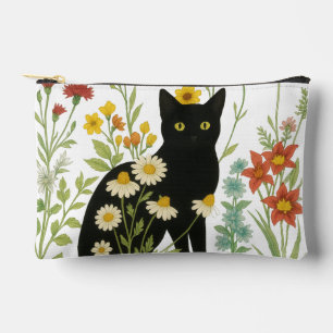 Botanical Nature – Black Cat in Wildflower Garden Accessory Pouch