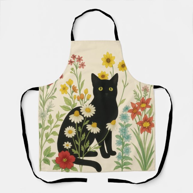 Botanical Nature – Black Cat in Wildflower Garden Apron (Front)