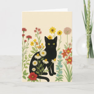 Botanical Nature – Black Cat in Wildflower Garden Card