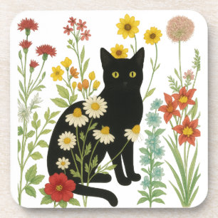 Botanical Nature – Black Cat in Wildflower Garden Coaster