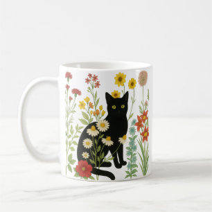 Botanical Nature – Black Cat in Wildflower Garden Coffee Mug