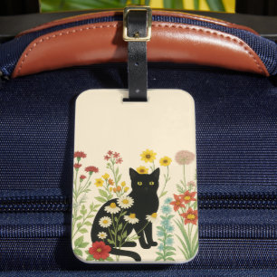 Botanical Nature – Black Cat in Wildflower Garden Luggage Tag