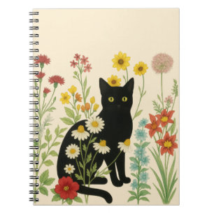 Botanical Nature – Black Cat in Wildflower Garden Notebook