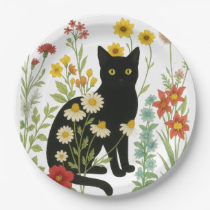 Botanical Nature – Black Cat in Wildflower Garden Paper Plate