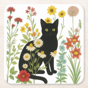 Botanical Nature – Black Cat in Wildflower Garden Square Paper Coaster