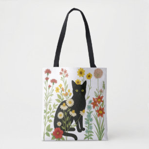 Botanical Nature – Black Cat in Wildflower Garden Tote Bag
