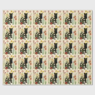 Botanical Nature – Black Cat in Wildflower Garden Wrapping Paper