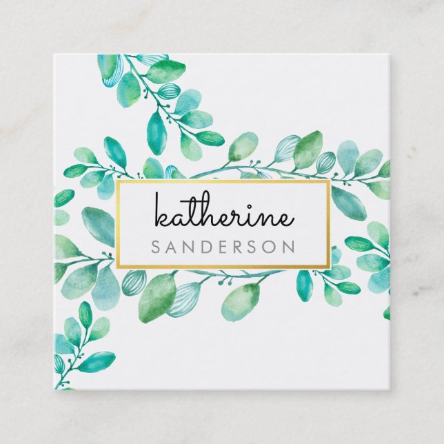 BOTANICAL NATURE modern watercolor painted leaves Square Business Card (Front)