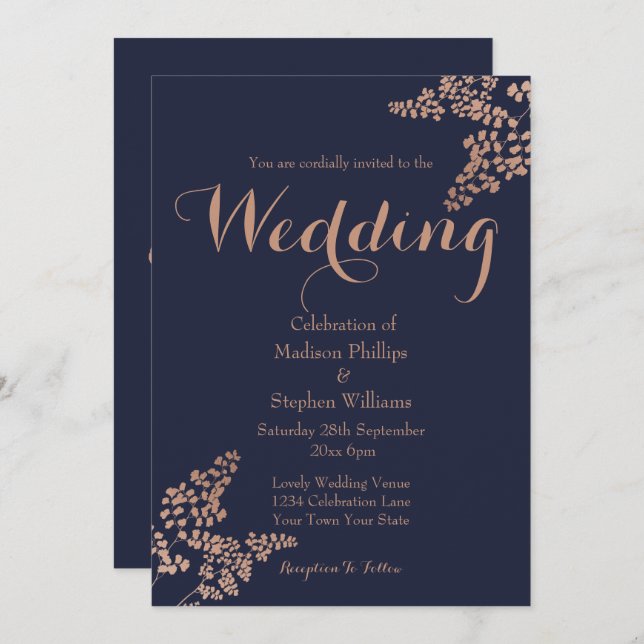 Botanical Navy Blue and  Rose Gold Wedding Invitation (Front/Back)