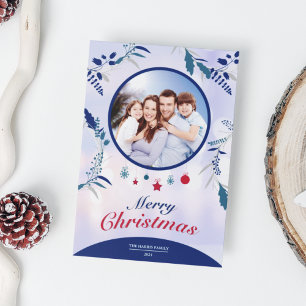 Botanical Navy Blue Floral Photo Frame   Christmas Holiday Card