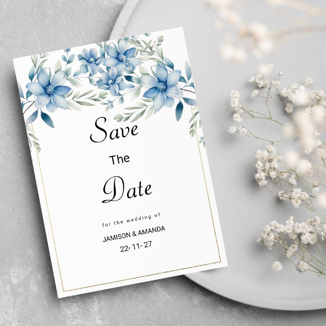 Botanical navy blue mint floral Save The Date Invitation (Botanical navy blue mint floral Save The Date)