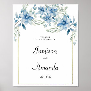 Botanical navy blue mint floral Welcome Poster